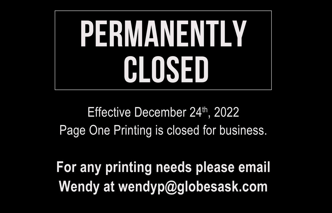 Pageone Printing is permanently closed
